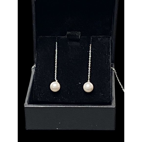 Sterling Silver Drop Chain Pearl Earrings Anti-Allergic - Picture 2 of 3